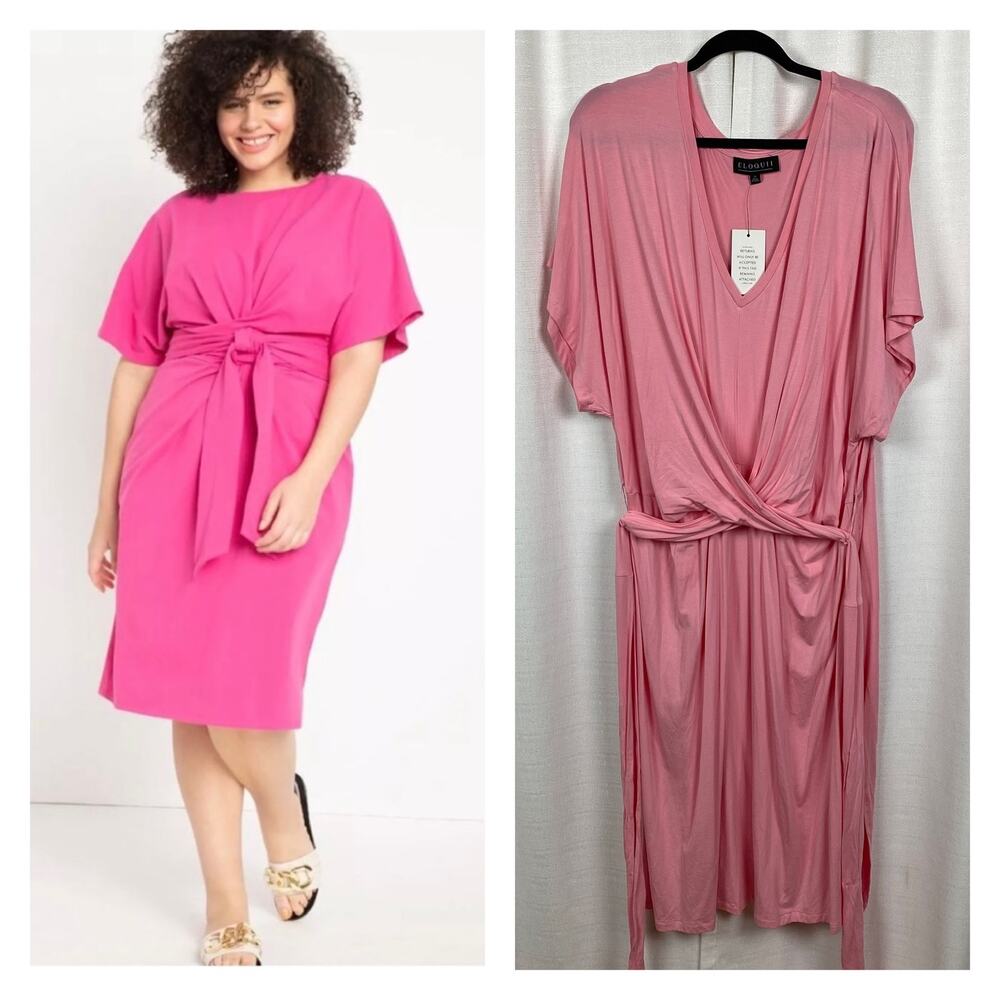 Eloquii Pink Cross Front Waist Tie Flutter Sleeve Midi Dress Sz.24W NWT